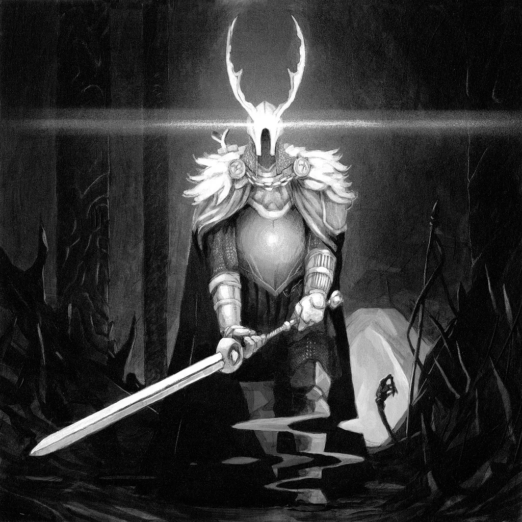 A ghostly armored knight radiating pale light in a dark cavern